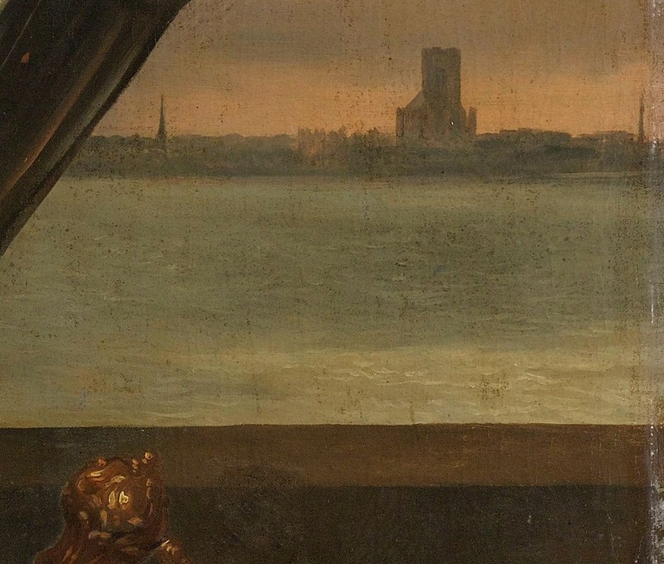 Beyond him, a city and water hints at his influence.