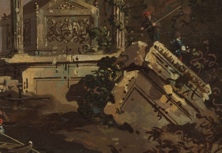 But a working ship sails past, indifferent to the ruins.