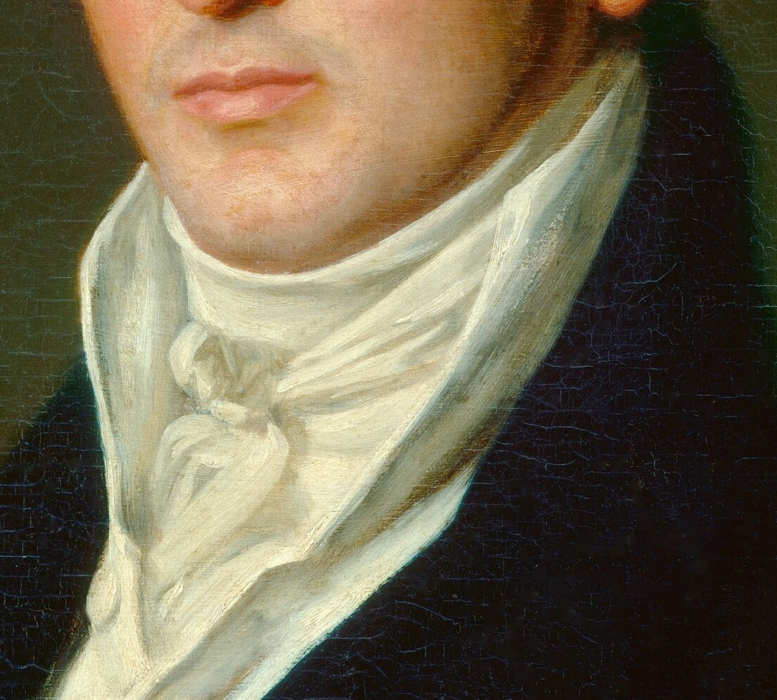 Even the intricate folds of his cravat are precisely rendered.