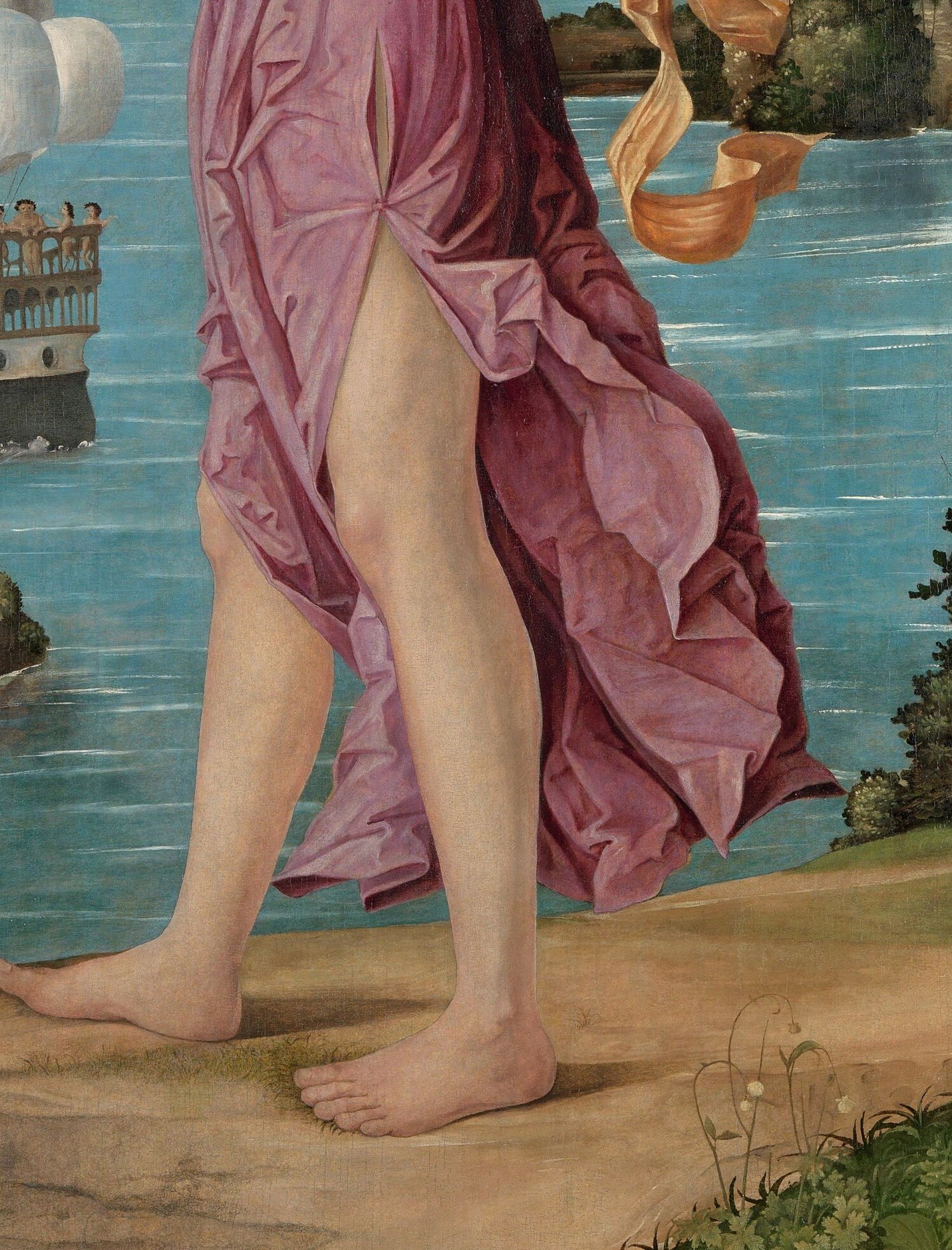 Look closely at her flowing pink garment.