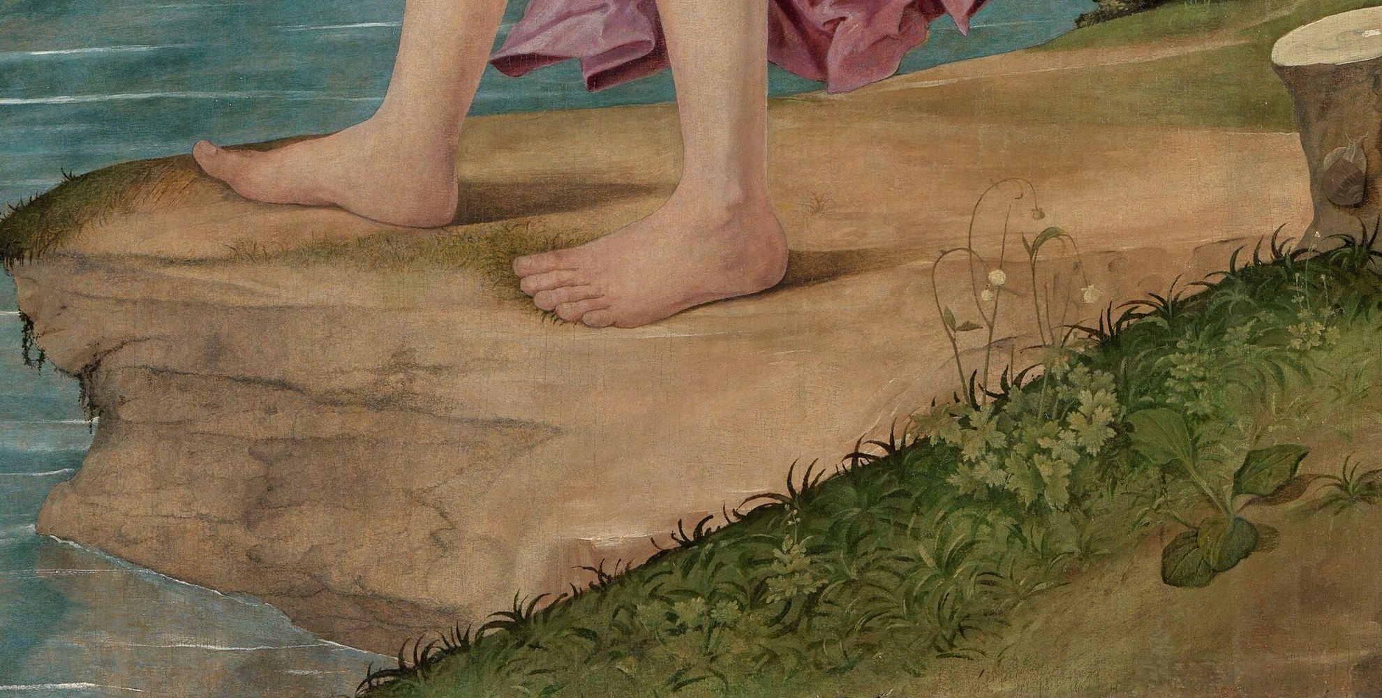The rough texture of the cliff grounds the figure and emphasizes her precarious position.
