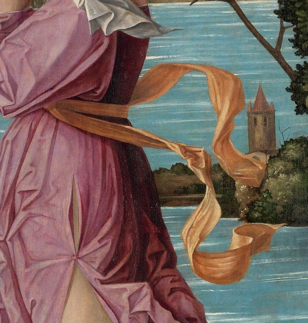This ribbon, possibly symbolizing her thread, adds a vibrant splash of color and movement to the composition.