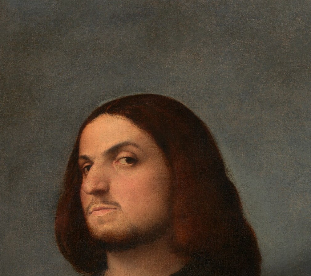 The primary emotional anchor , calm, unreadable intensity; the slight tightening around the eyes suggests self-possession rather than ease, characteristic of Venetian portrait gravitas.