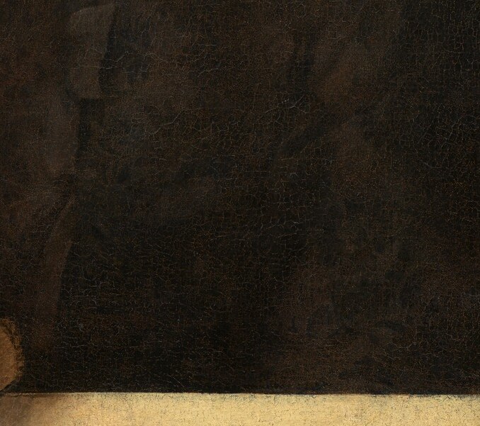 The compositional and psychological crux: a visibly forceful, white-gloved grip on a closed book is unconventional and signals withheld power or an argument about to begin.