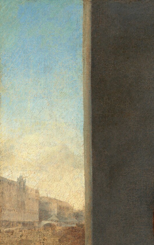 A small opening to an exterior cityscape , possibly Venice , anchors the sitter in place and time, and the blue sky lightens an otherwise dark palette.