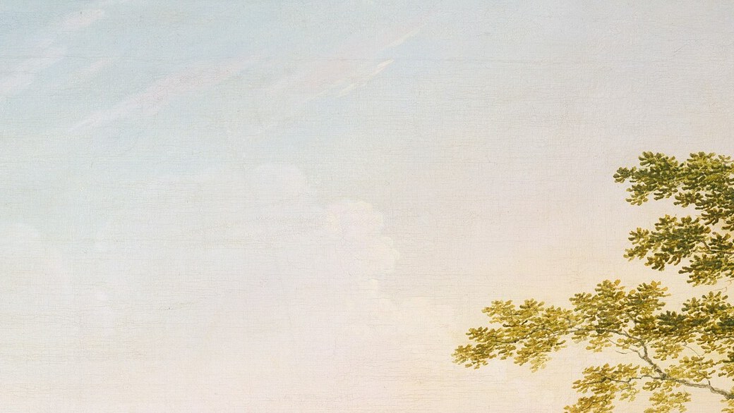 The painting's brightest zone and emotional engine , diffused afternoon sun bleeds around soft cumulus and silhouettes every distant ridge; this is where the atmospheric-perspective technique is most legible