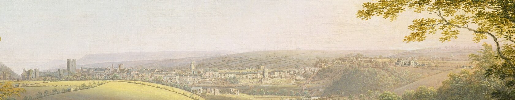 Five or six distinct ridges step back into haze, each lighter and bluer , a textbook demonstration of aerial perspective situating the abbey within a broad Yorkshire landscape