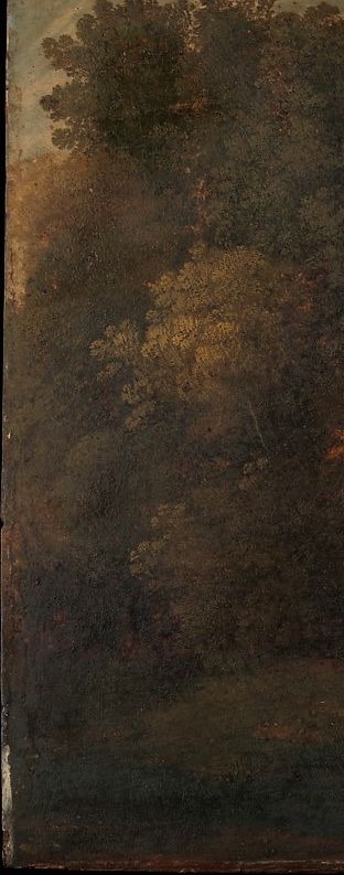 The dominant repoussoir device , its rough bark and sheer scale frame the entire composition and anchor the dark coulisse that was Lorrain's trademark.