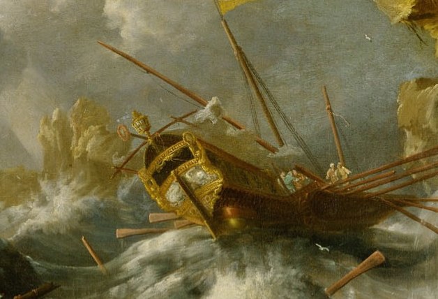 Its broken mast and tilted hull convey the immediate peril and structural failure.