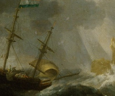 The Dutch flag suggests the nationality of the vessels and the historical context of maritime trade.