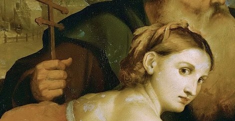 The palm is a symbol of her martyrdom.