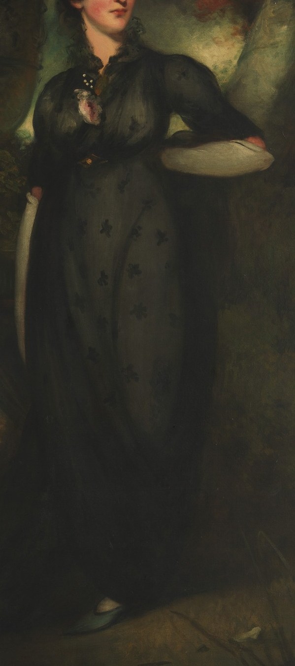 The rich fabric and subtle pattern indicate wealth and fashion of the late 18th century.