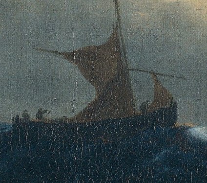 Shows the struggle against the elements, with the sail appearing worn and vulnerable.