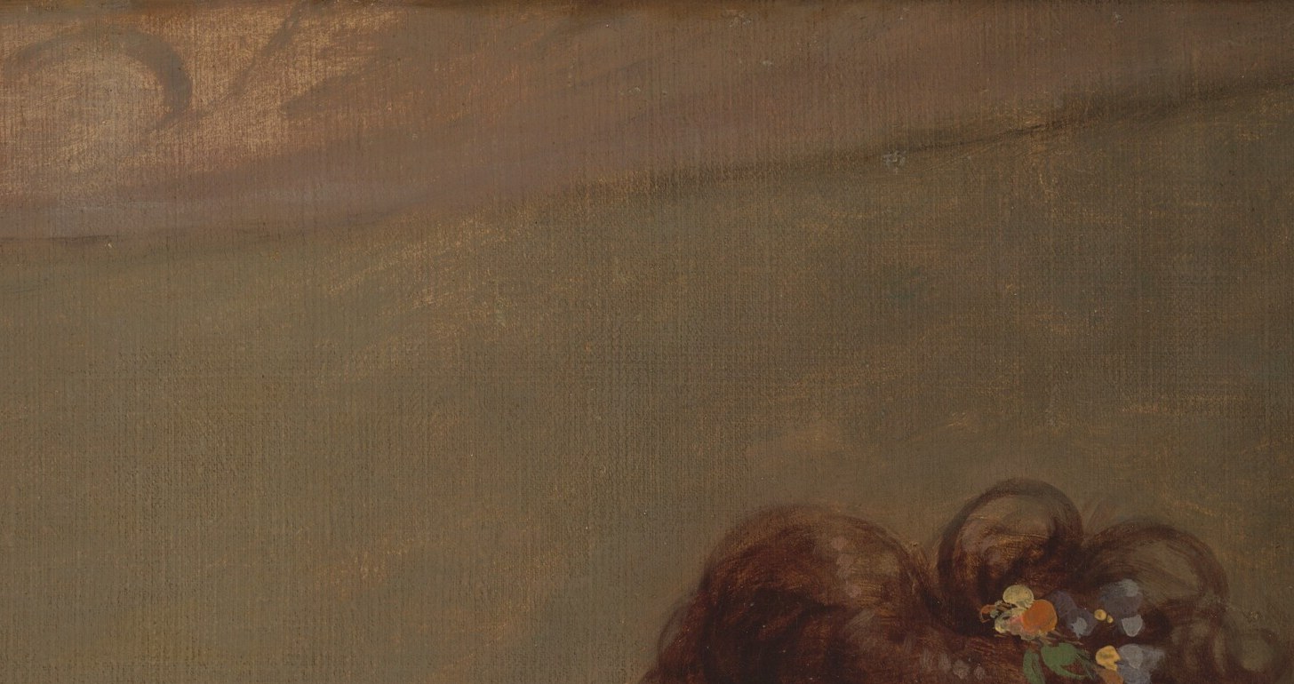 The carefully arranged coiffure , ringlets at the temples, mass pinned high , is a precise period marker and contrasts with the pale face below, framing the composition.