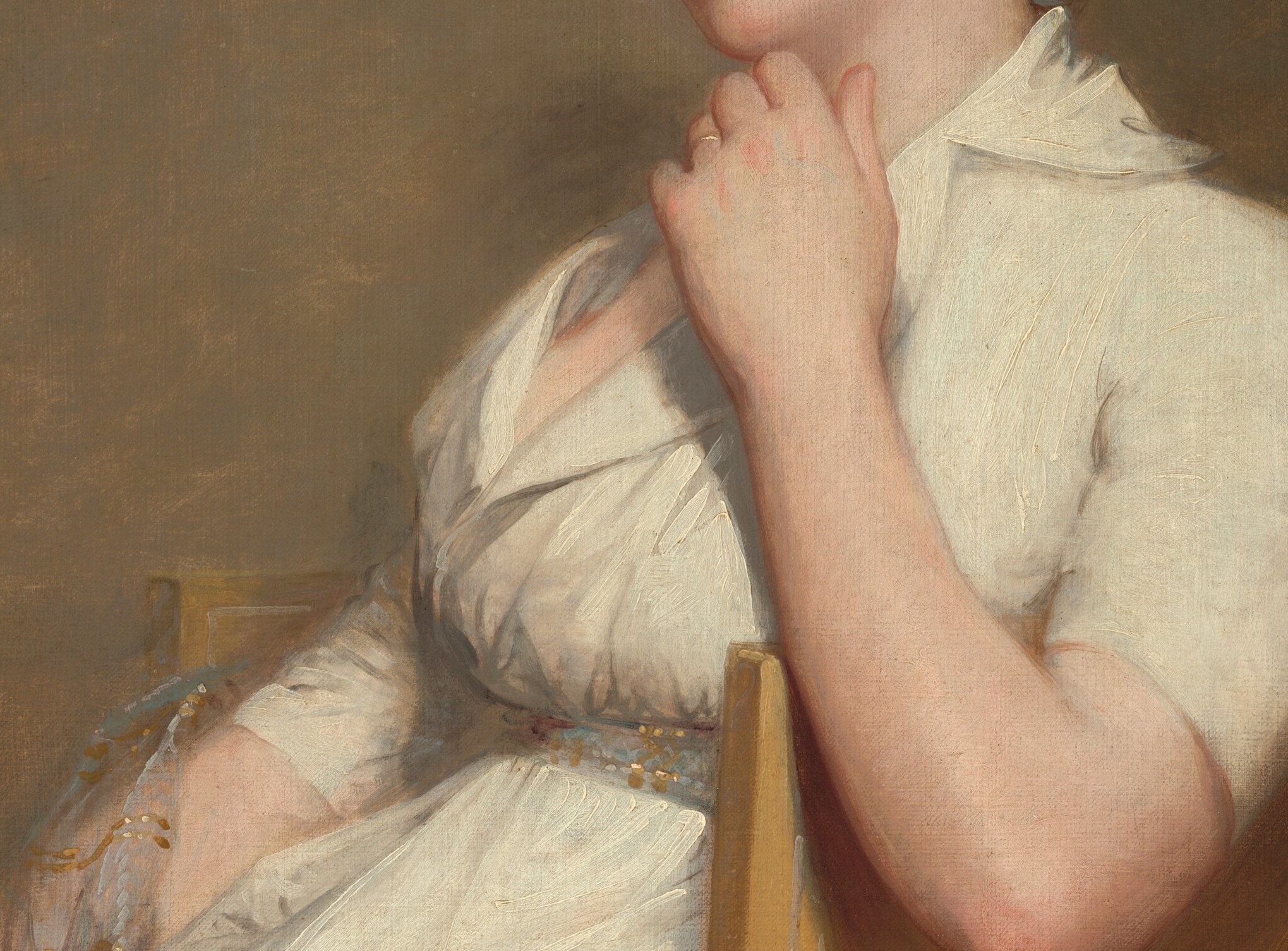 The diaphanous white muslin gown signals Neoclassical fashion of 1804 , the same silhouette worn by women consciously imitating ancient Greek drapery at the height of the Federal period.