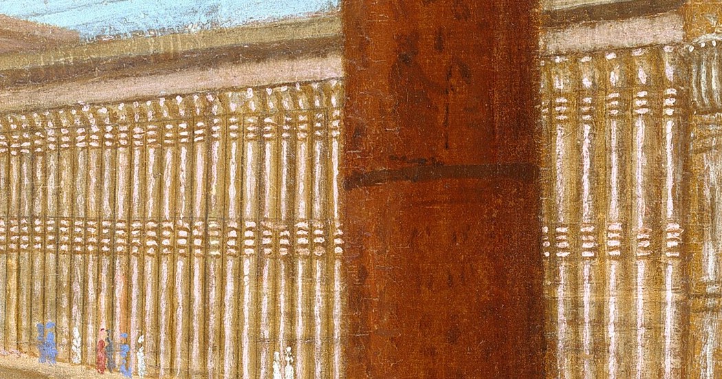 In the distance, a temple-like building reinforces an ancient Egyptian setting.