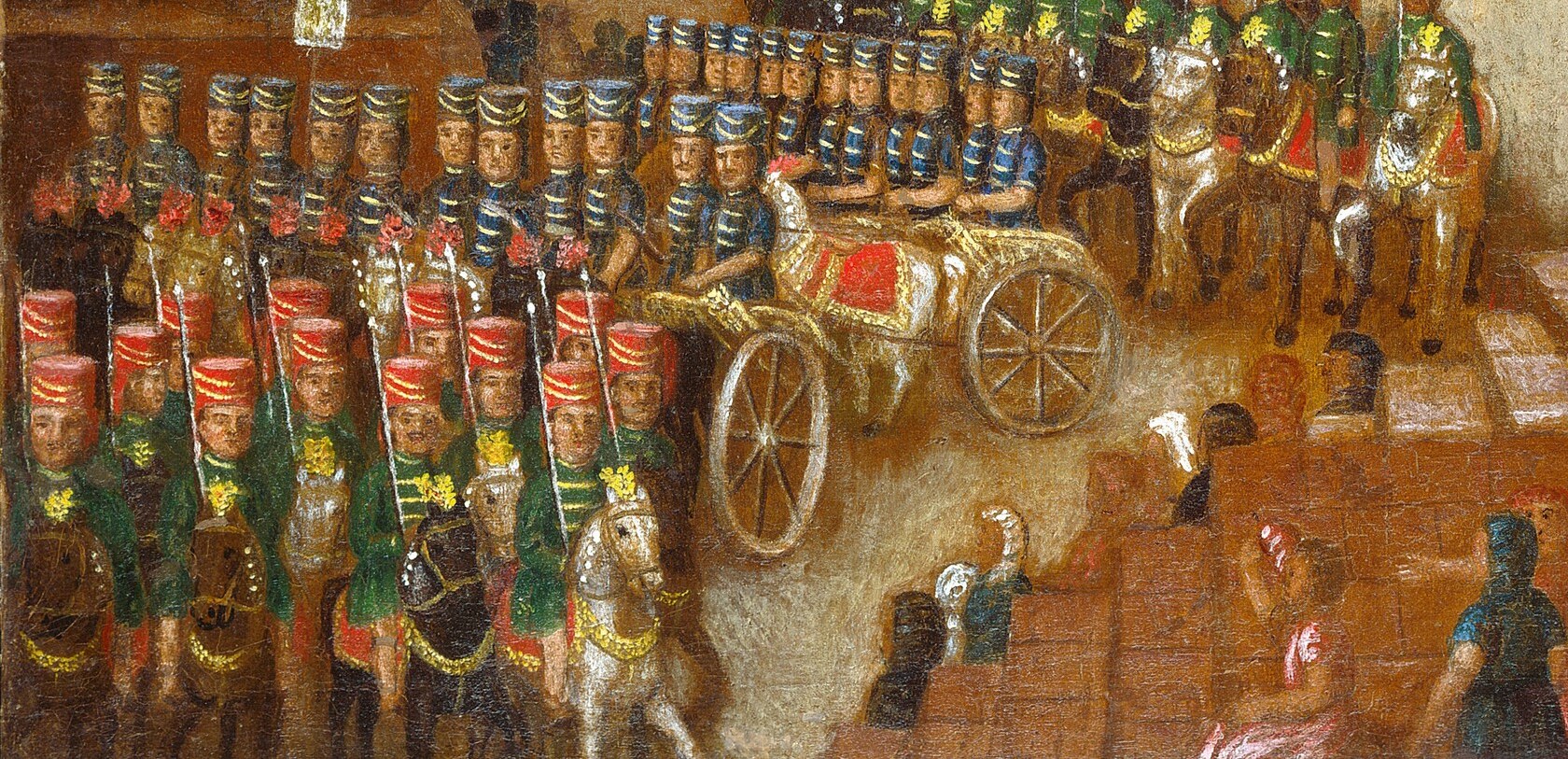 Red uniforms and banners signal immense power and ceremony.