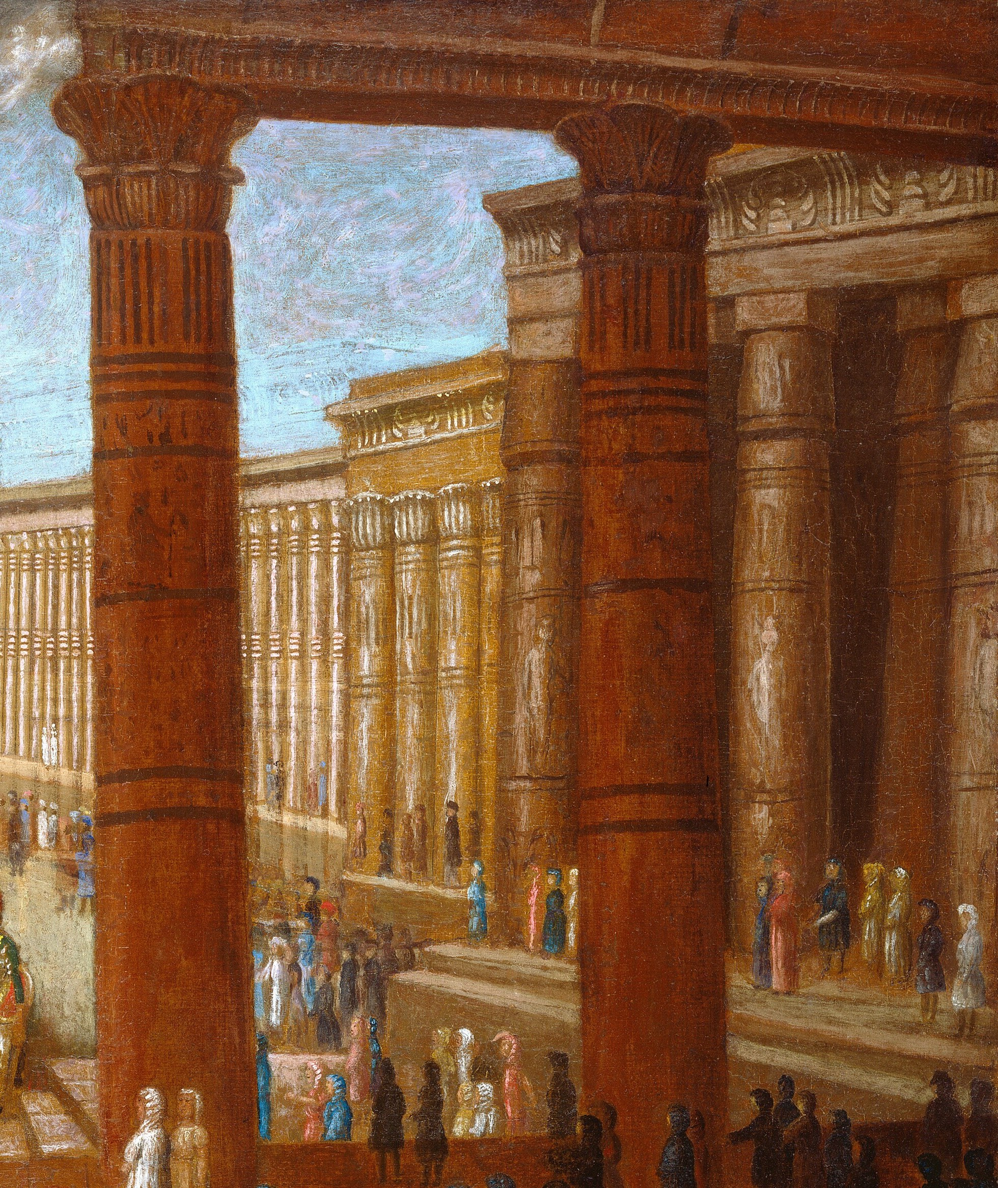 Massive stone columns frame the scene, evoking ancient civilizations.