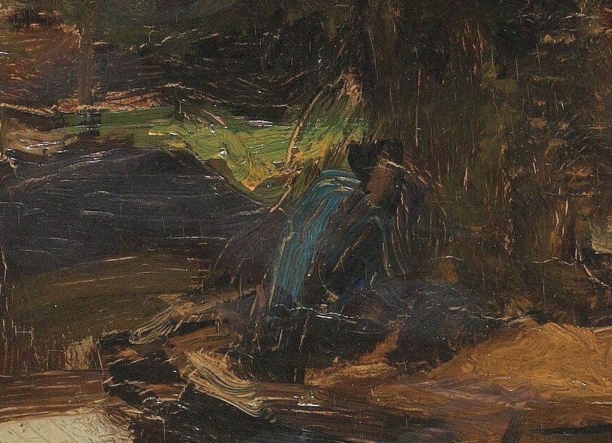 Across the canal, another figure goes about their day.