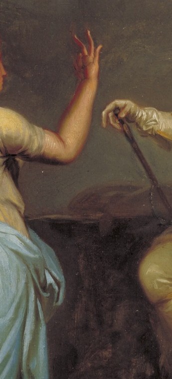 An allegorical figure points to an eagle in the sky.