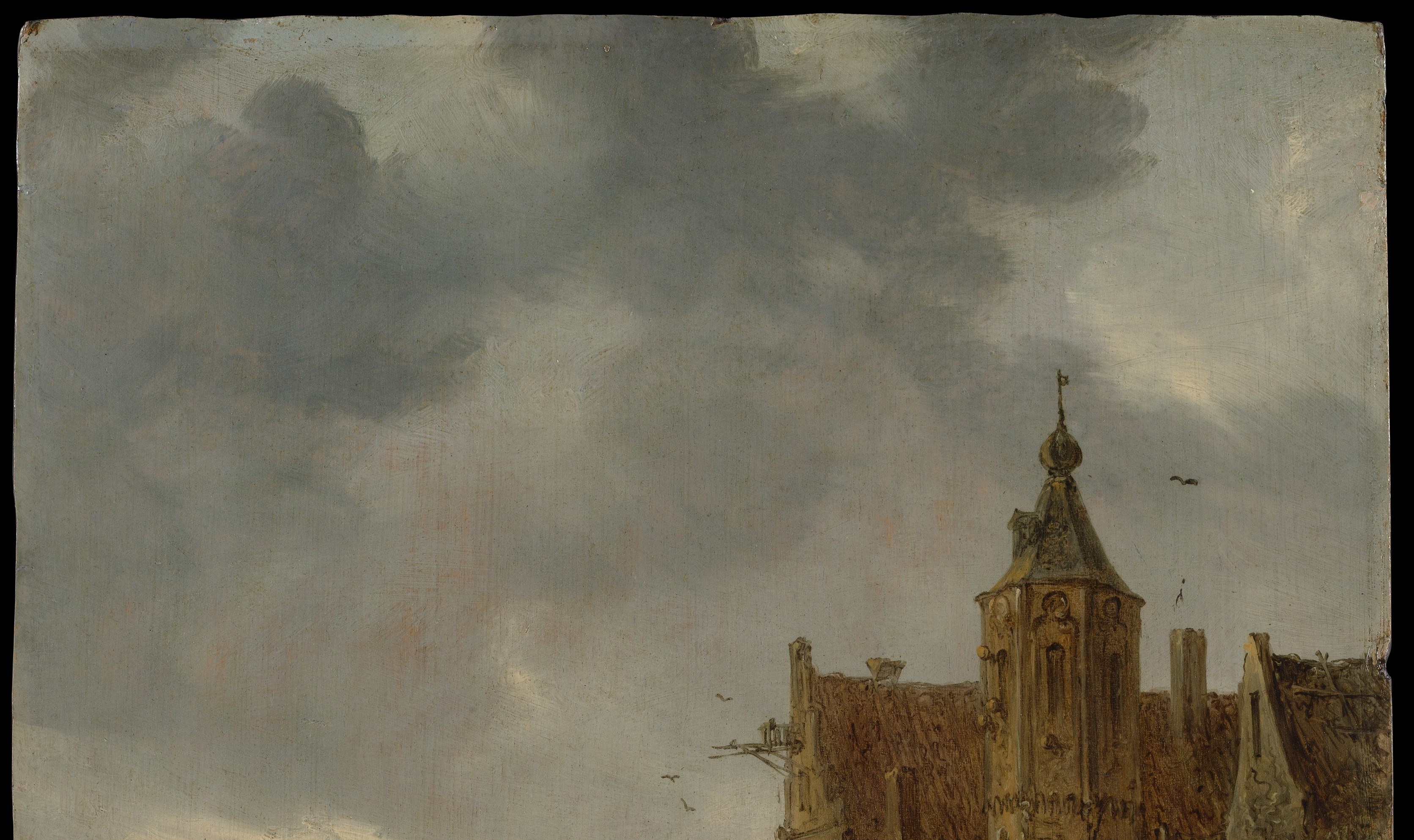 The turbulent clouds create a mood of impending weather, adding a dynamic element.