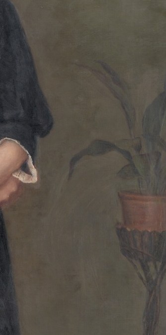 The lush greenery adds a touch of life and domesticity to the scene, balancing the somber tones of the figure.