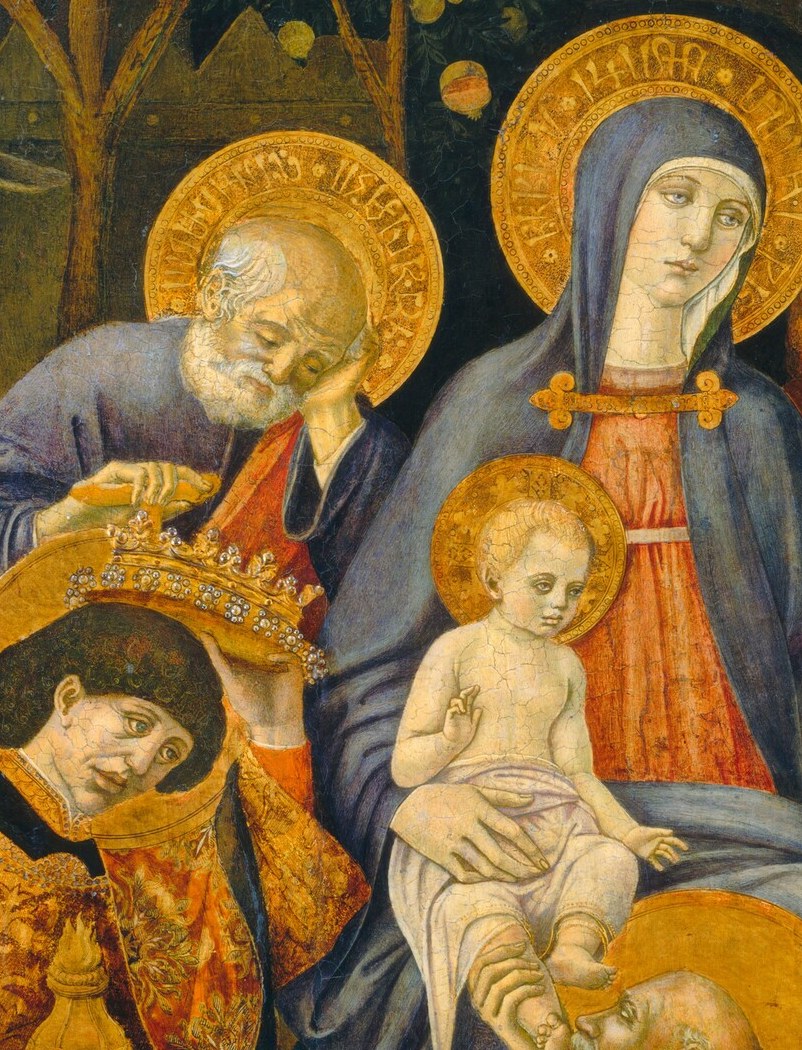 The compositional pivot: every sightline in the painting converges here, yet the child is almost shockingly small against the surrounding pageantry.