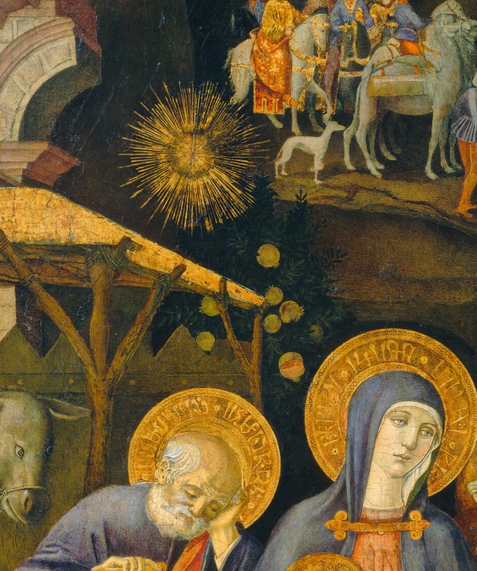 Her downcast, composed gaze carries all the paradox of the scene , pride and sorrow held simultaneously; the halo's burnished edge shows tempera gold-leaf technique up close.