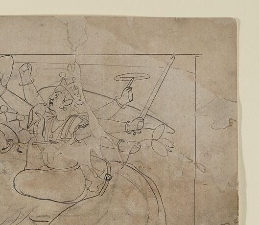The group of celestial figures positioned high in the composition signals divine elevation over demonic chaos below , a spatial theology common in Pahari painting