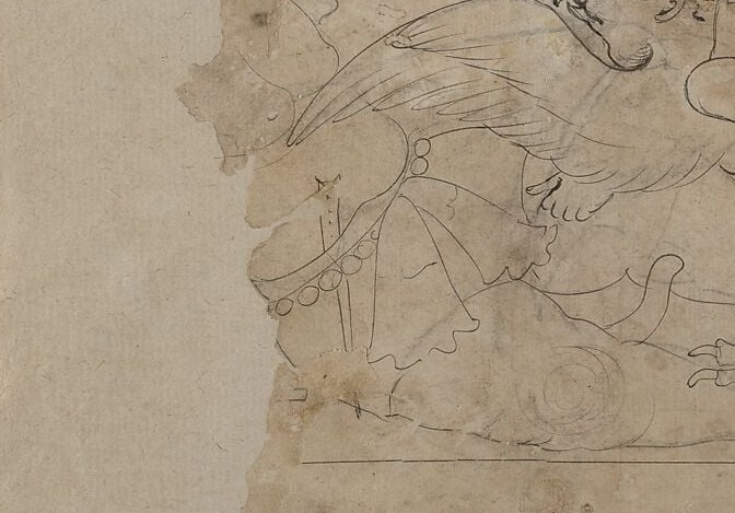 The fluid tonal wash building volume on this large form demonstrates the Pahari technique of layering transparent ink to model three-dimensional mass on bare paper