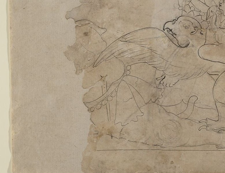 The enormous rounded form dominates the page , its sheer scale relative to the divine figures above communicates the demon's threat before any other reading kicks in