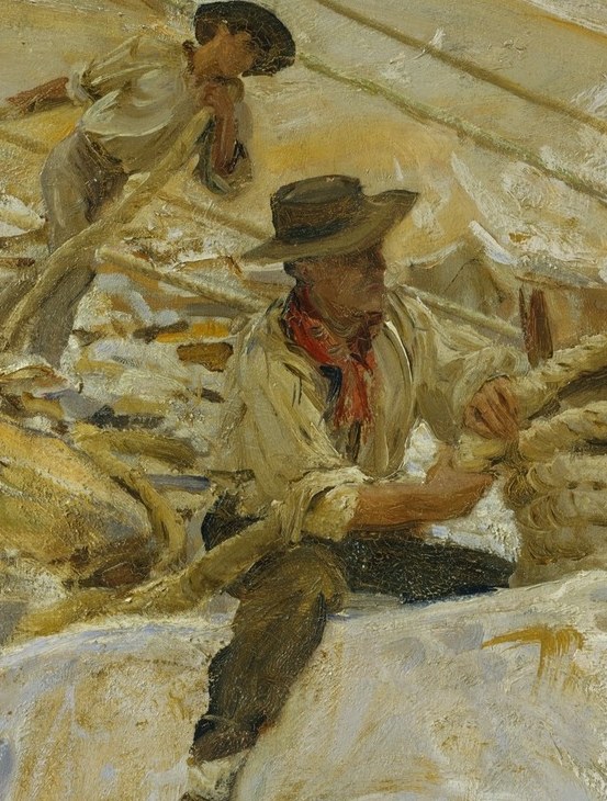 Men haul ropes that strain with the load.