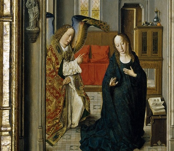 On the left, Gabriel's radiant wing signals a divine message.
