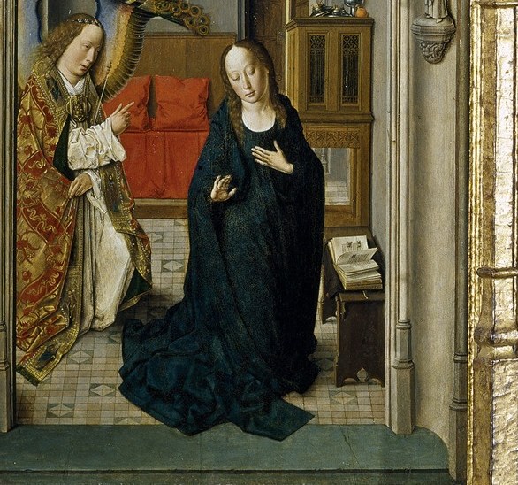 Her deep blue robe signifies Mary's purity and grace.