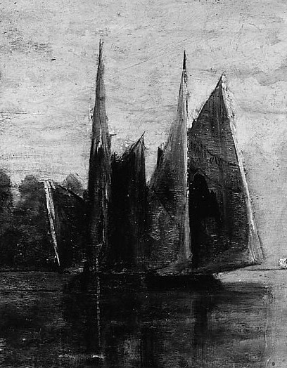 These silhouetted vessels create a strong foreground element, suggesting a bustling harbor or a fleet at anchor.