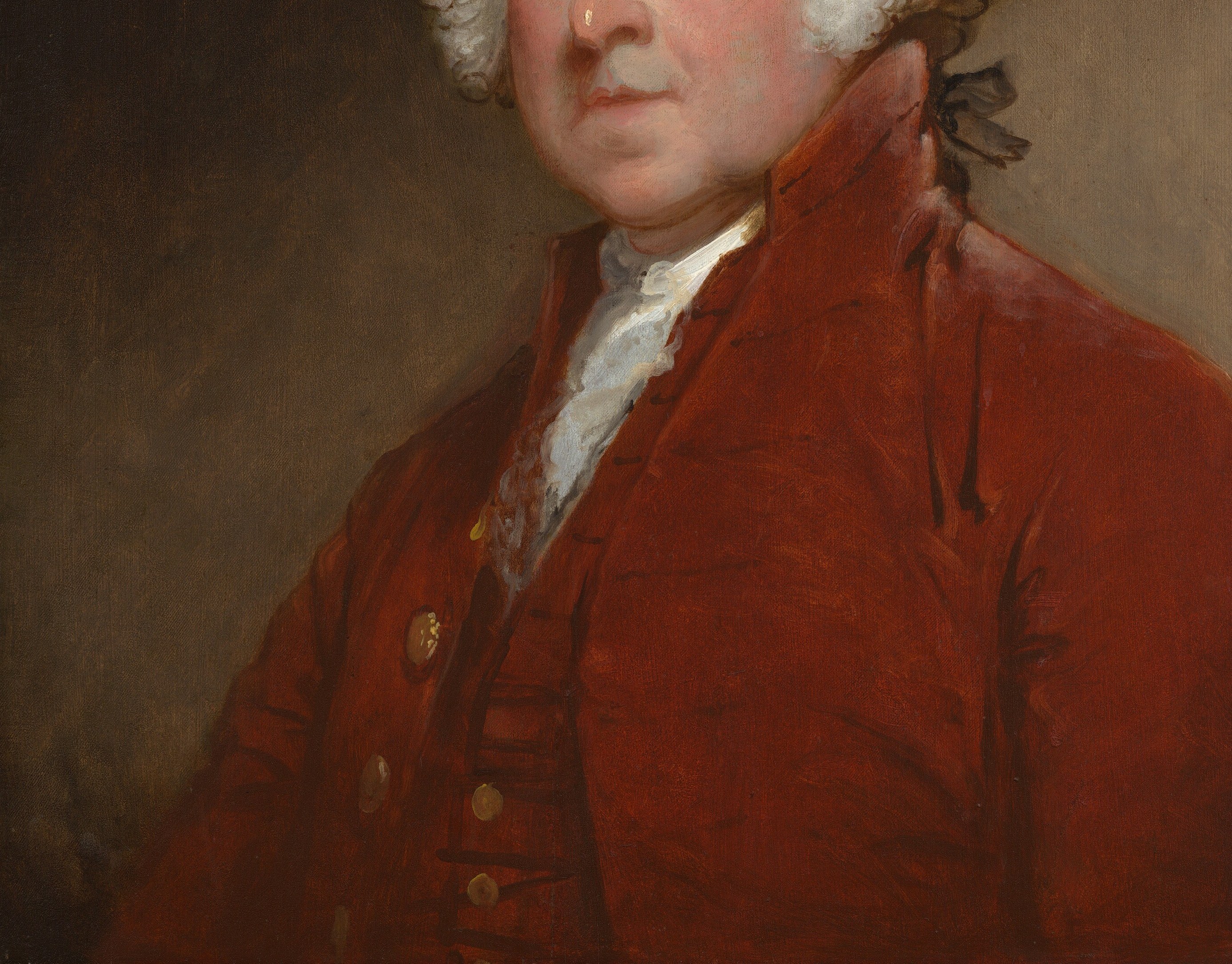 The saturated red is almost confrontational for a New England republican , scholars debate whether it signals English gentry aspiration or simply Stuart's preference for warm tonal ground