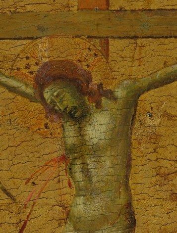 The downward tilt in death , the pivot of the entire composition , rendered with Gothic elegance; a tight close-up reveals Daddi's attempt at naturalistic suffering inherited from Giotto.