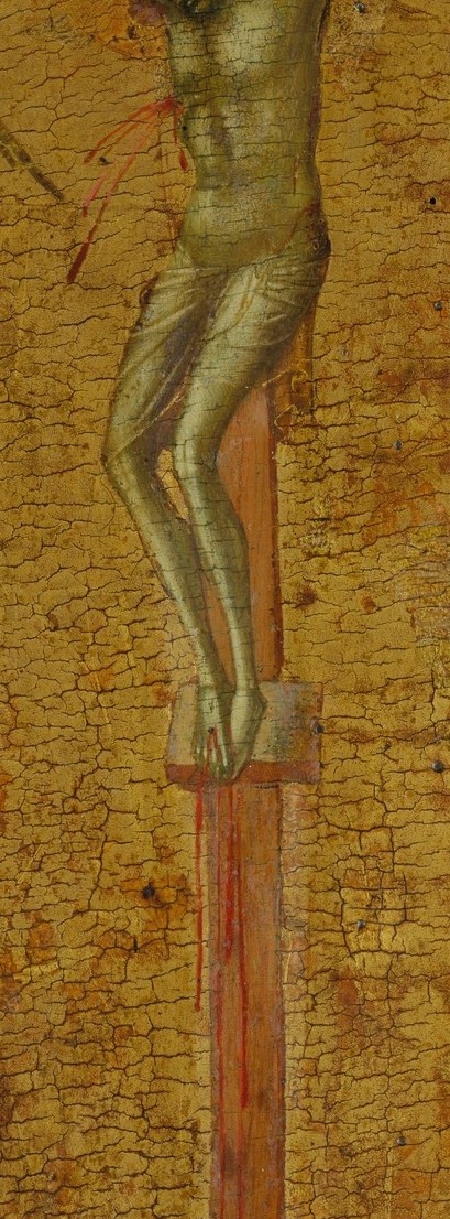 The Gothic sway of the body and the wound in the right side are doctrinal and aesthetic simultaneously , the wound was the entry point for the lance of Longinus and a central symbol of redemption.