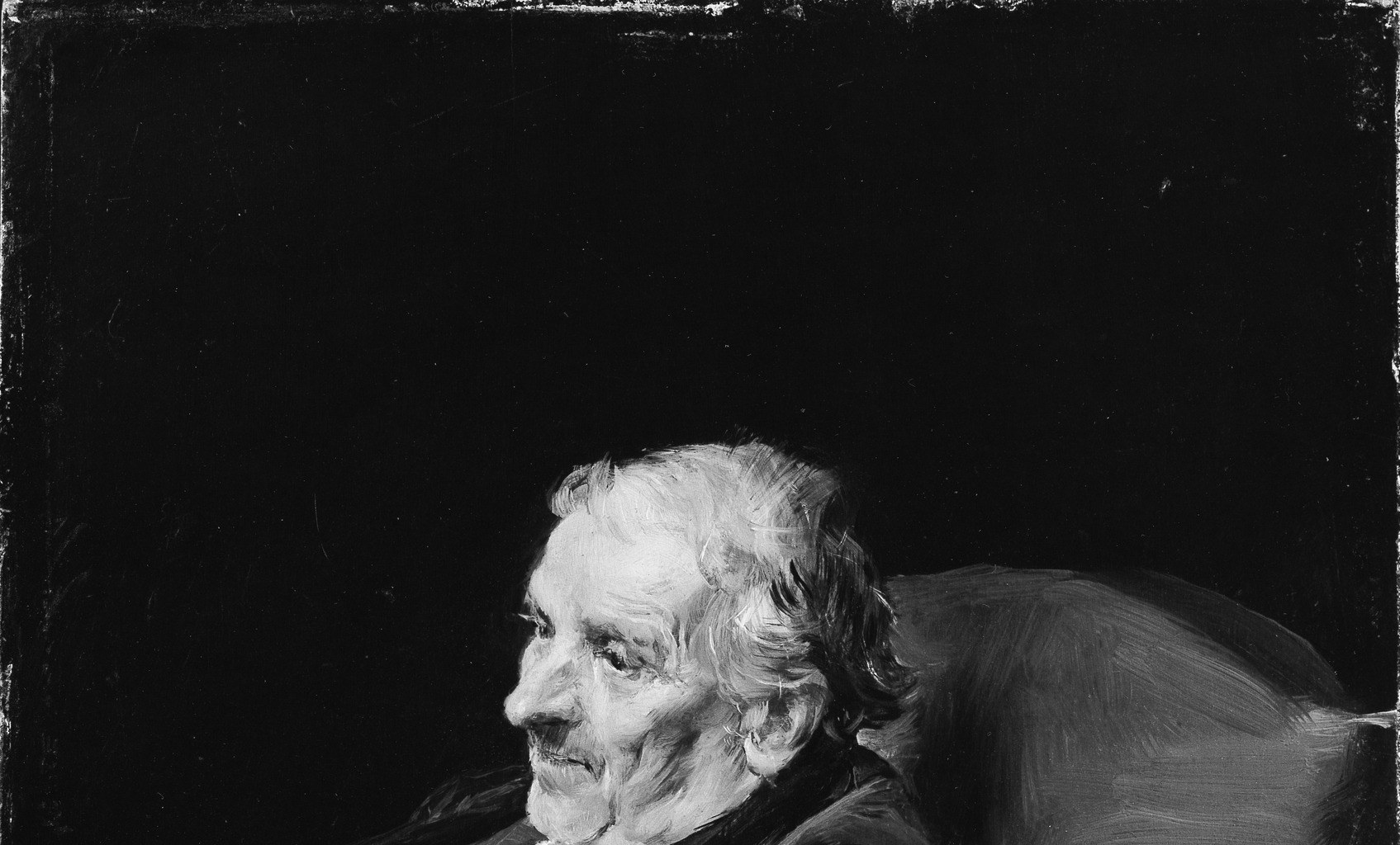 The absence of detail in the background isolates the subject, intensifying the focus on his character.