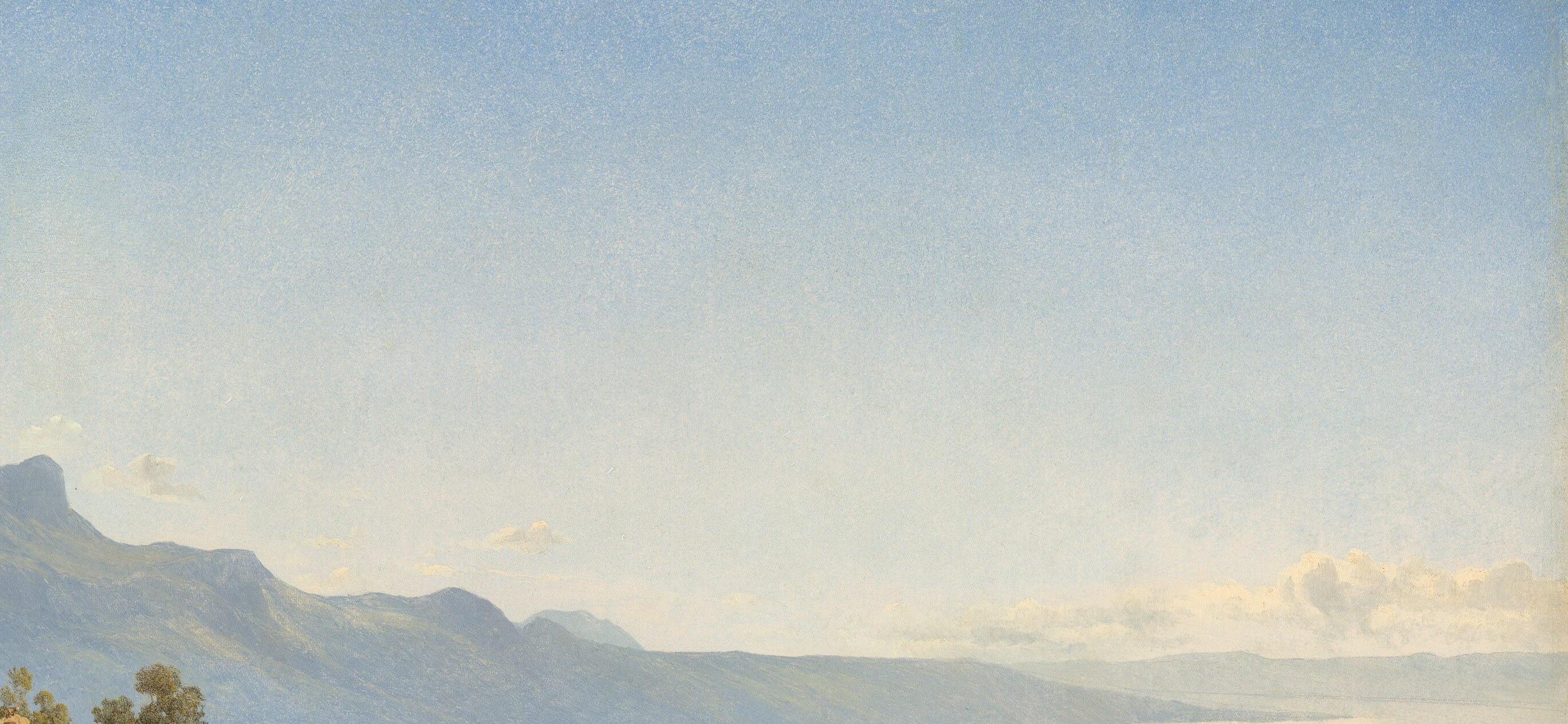 Almost certainly Lake Geneva (Lac Léman); its flat, mirror-calm blue-grey surface contrasts sharply with the jagged peaks and testifies to the specific geography Calame knew intimately.