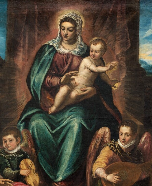 The fulcrum of the entire composition; her downward gaze and slight tilt toward the kneeling family makes the divine approachable rather than remote.