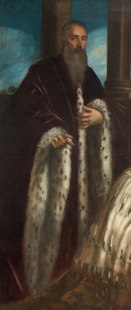 Likely a patron saint presenting the family; his towering scale and ceremonial dress signal intercessory authority , he mediates between the family and the Madonna.