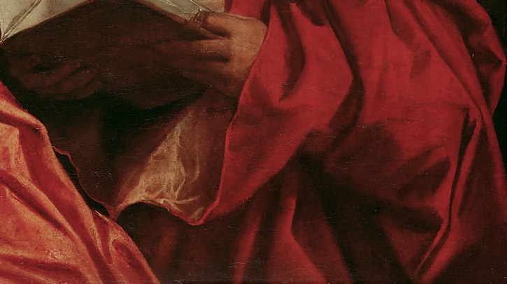 The vibrant red robe shows masterful texture.