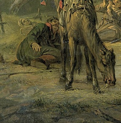This detail grounds the scene in the everyday reality of a camp, showing the animals essential to their lives.