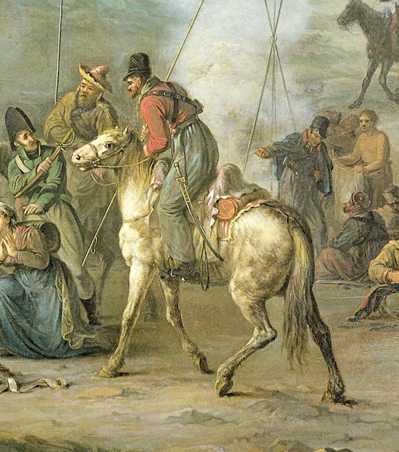 His posture and gaze suggest a moment of command or observation, central to the scene's narrative.