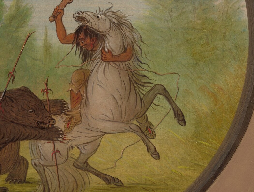 Shows the horse's fear and struggle, adding to the chaos and drama of the scene.
