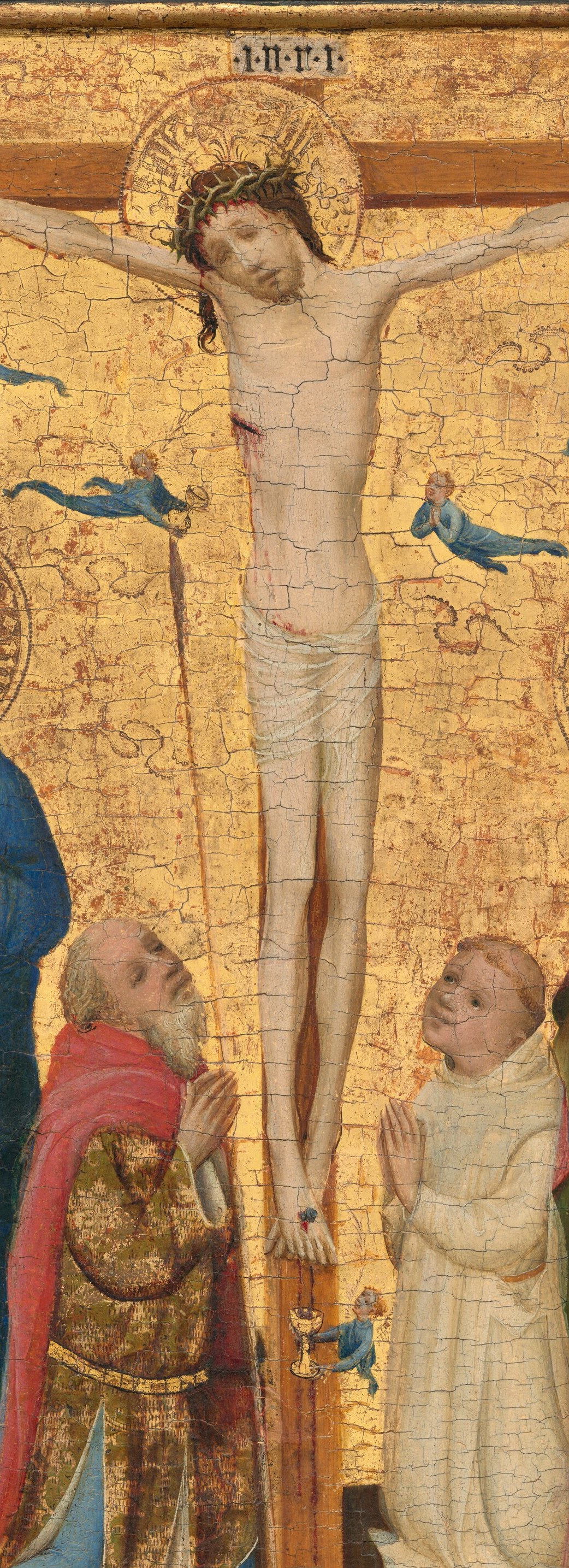 The central devotional focus , the slumped torso conveys lifeless weight while the gold halo asserts divinity; the tension between human death and divine glory is the painting's entire argument.