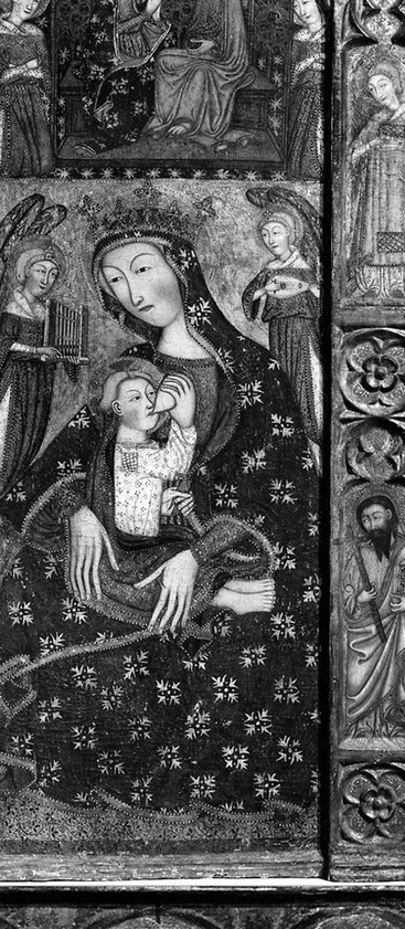 The tender gaze and embrace convey maternal love, a central theme in religious art.