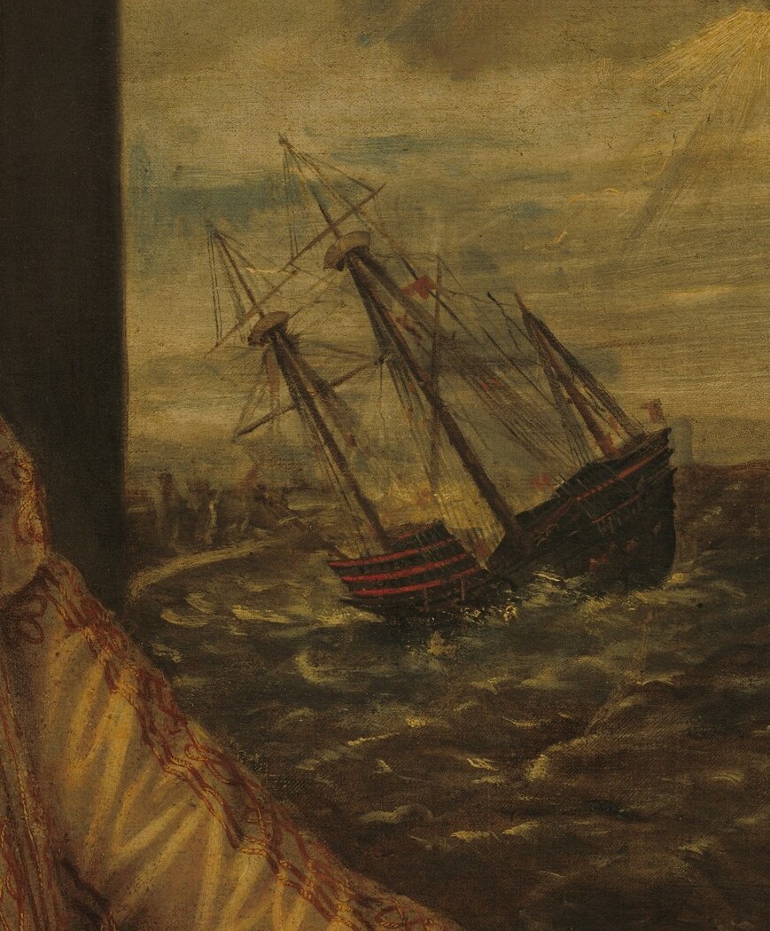Behind her, a ship struggles in a stormy sea.