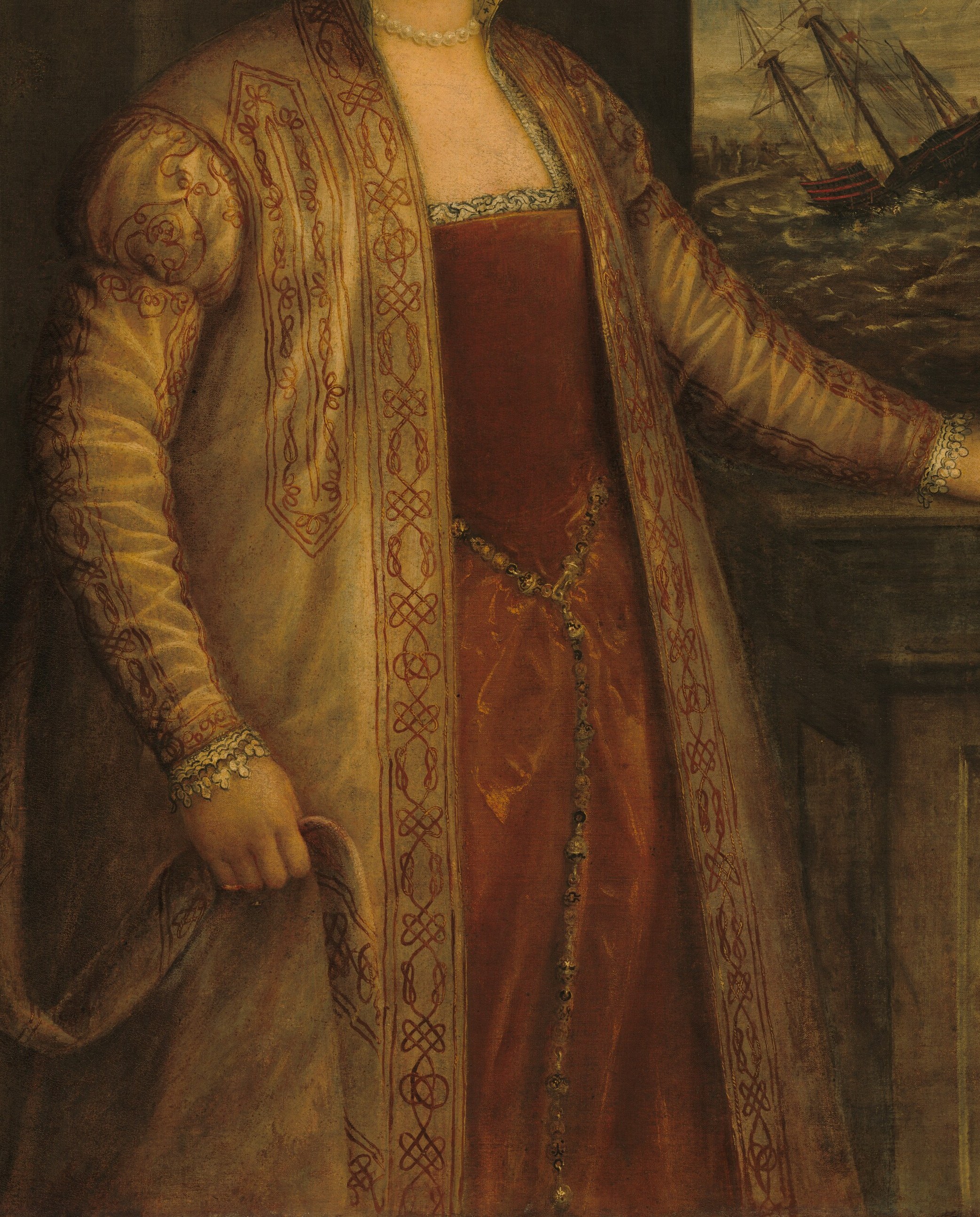 The elaborate embroidery and metallic threads showcase the opulence of the era and the sitter's social standing.